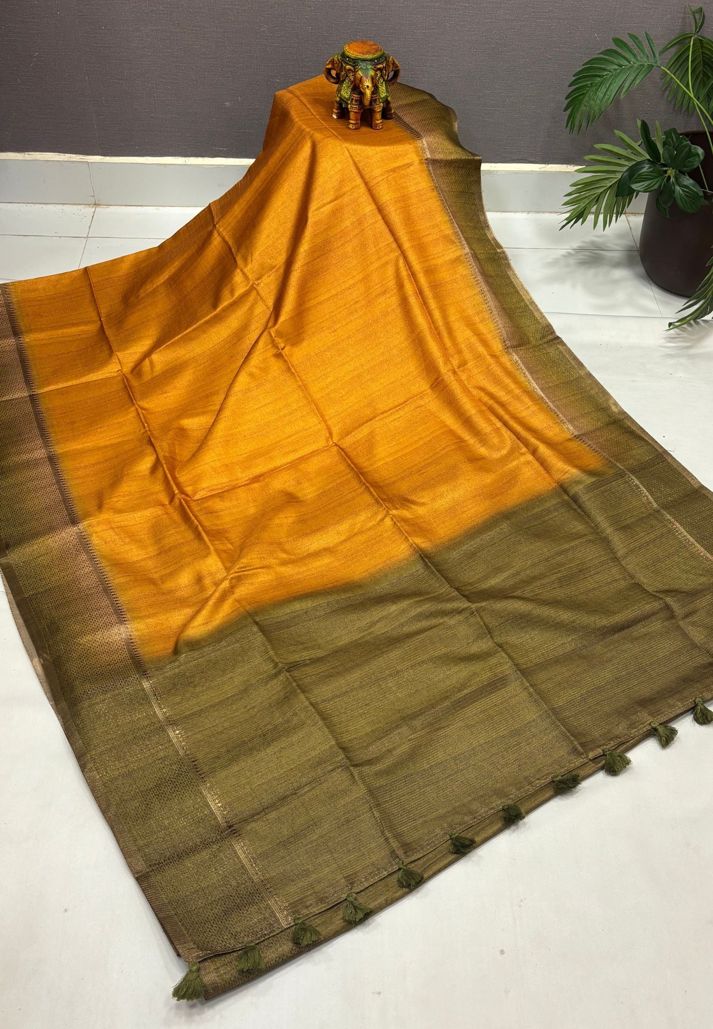 Matka Tussar Saree-Mustard in Classic Striped Zari with Contrast Border