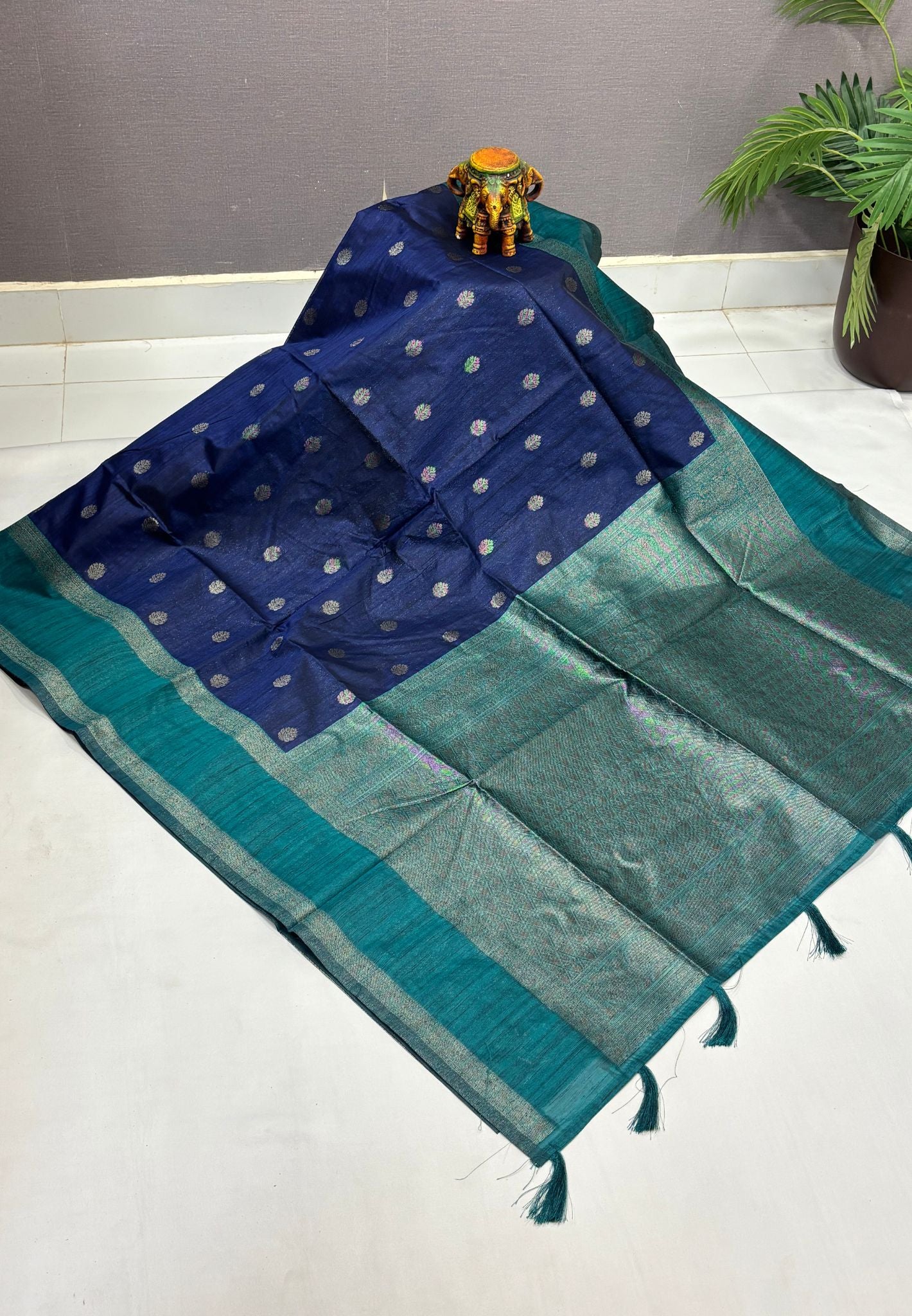 Semi Raw Silk Saree-Blue with Contrast Retapet Border