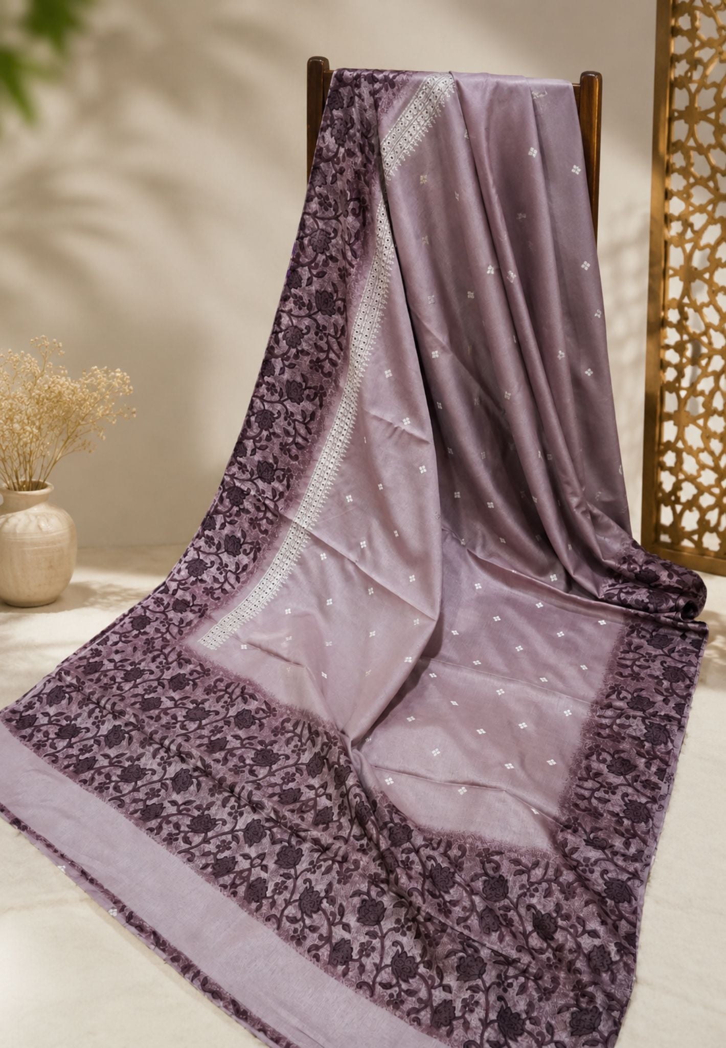 Tussar Saree-Mauve with Cut Work Pattern