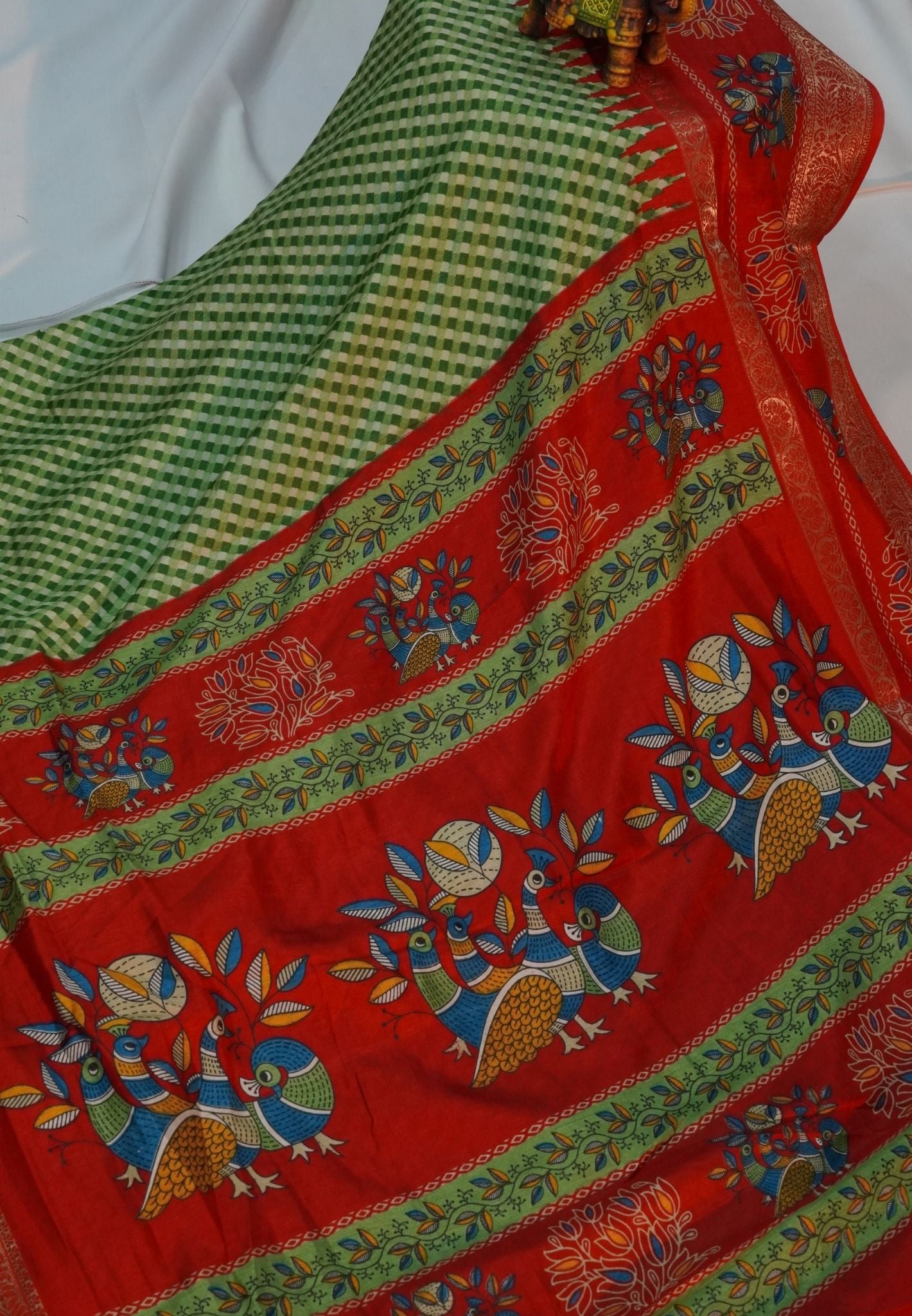 Semi Dola Saree-Green in Checked Pattern