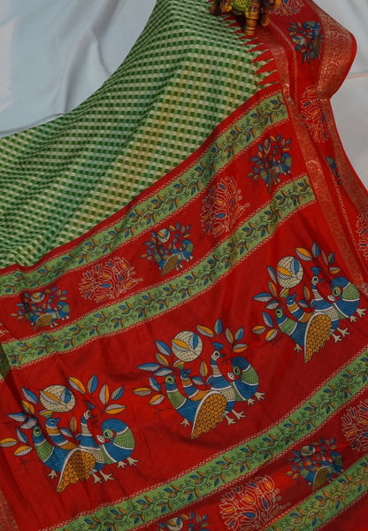 Semi Dola Saree-Green in Checked Pattern
