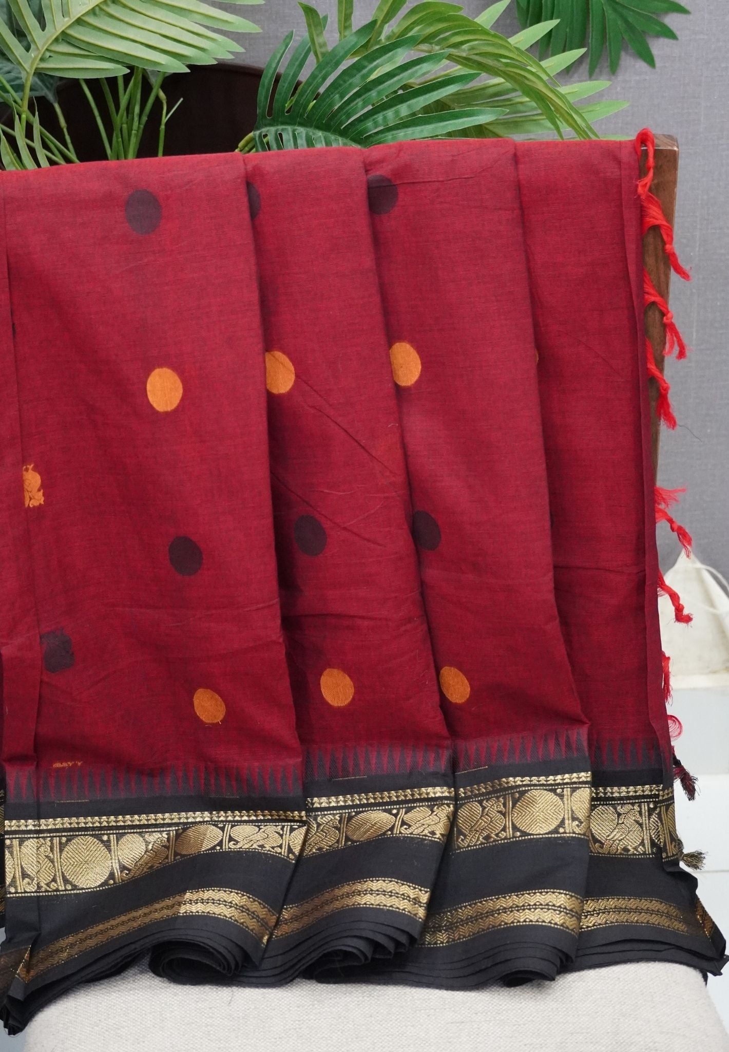 Chettinad Cotton Saree–Maroon-Black with Heritage Zari Border