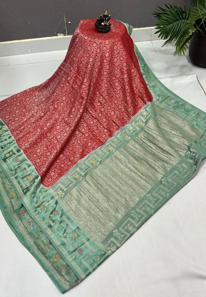 Banarasi Brocade Silk Saree-Red with Contrast Border