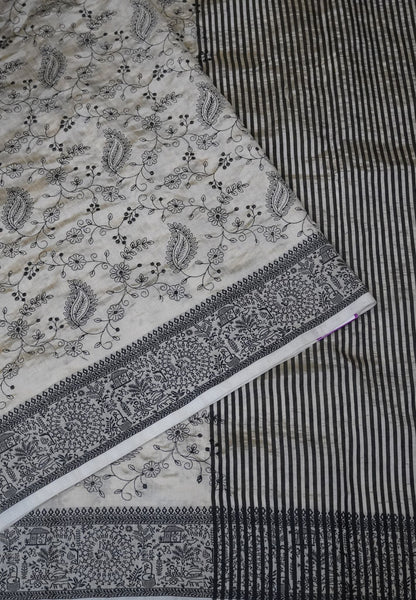 Tussar saree-Off white with floral Embroidery