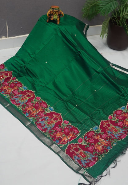 Pure Mangalgiri Silk Saree-Grass Green in Tanjore Print with Aplique Work