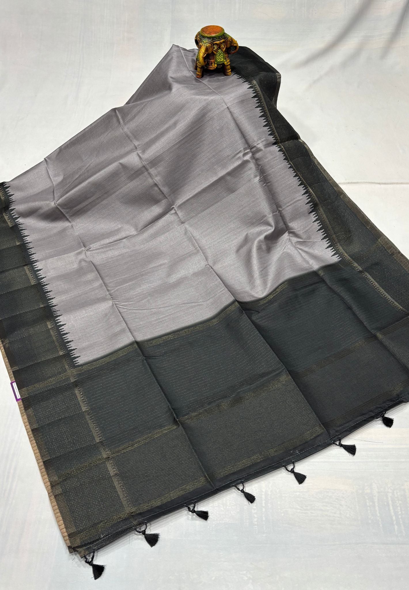 Semi Tussar Saree-Grey with Antique Zari Border