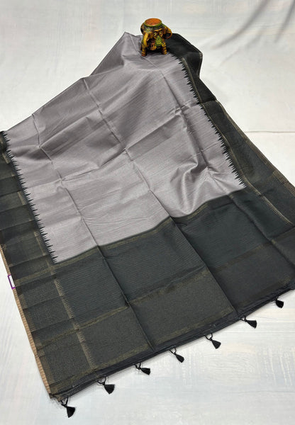 Semi Tussar Saree-Grey with Antique Zari Border