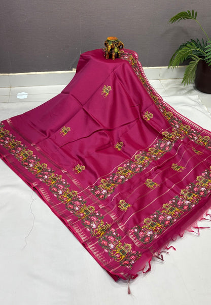Pure Mangalgiri Silk Saree-Magenta Pink with Tanjore Print
