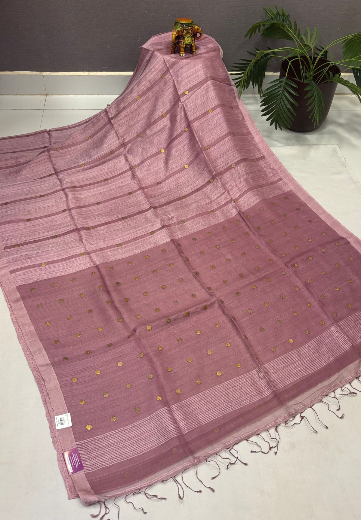 Pure Moonga Cotton Saree-Mauve in Coin Butta with Striped Border