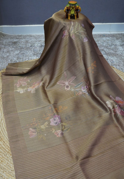 Semi Tissue Silk Saree-Mehndi Brown