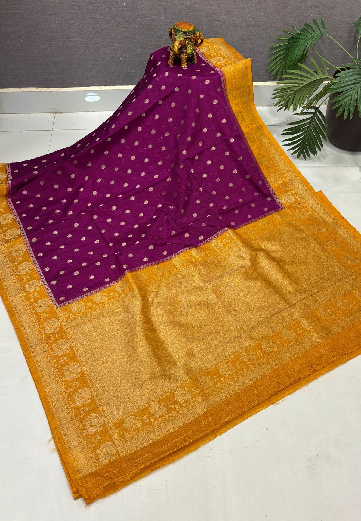 Tussar Linen Saree-Magenta Purple in Traditional Peacock Floral Zari with Contrast Border