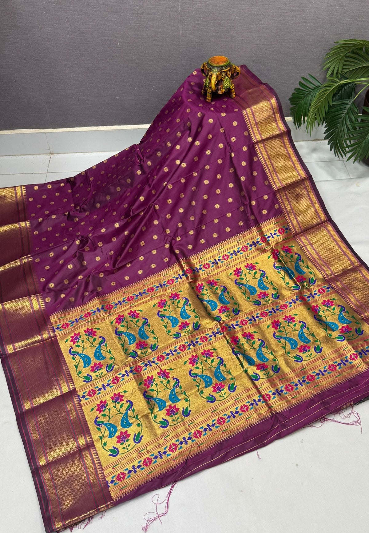 Traditional Peacock Floral Brocade Border - Wine