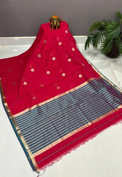 Semi Maheswari Saree-Redish Pink In Multi-Stripe Zari Border