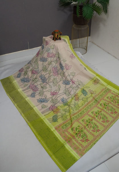 Pure Cotton Saree-Cream with Fluorescent Green in Kamala Vanam Pattern