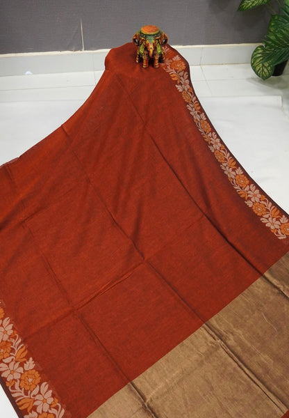 Handloom Cotton Saree-Honey Marigold Floral Jamdhani Border