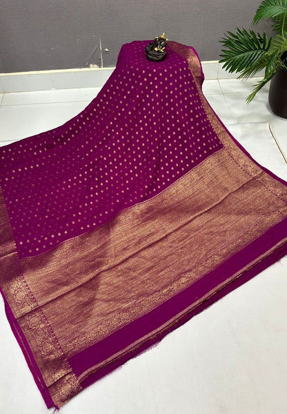 Banarasi Georgette Saree-Purple with Mini Leaf Butta and Zari Border