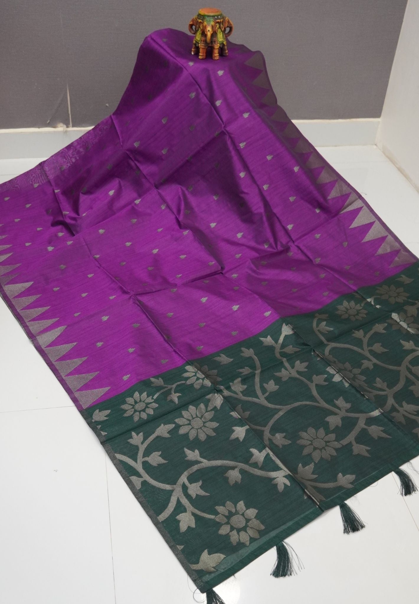 Semi Raw Silk Saree-Purple in Antique Silver Zari Butta with Tower Border