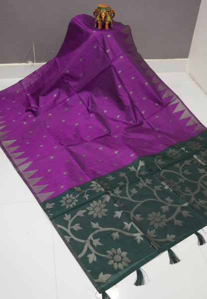 Semi Raw Silk Saree-Purple in Antique Silver Zari Butta with Tower Border
