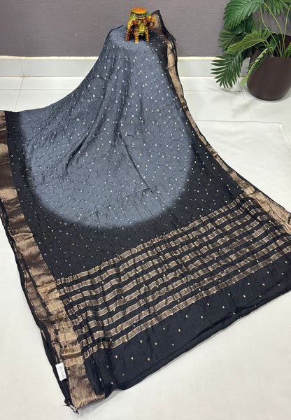 Banarasi Bandeji Saree-Grey in Horizontal Stripe Zari Border