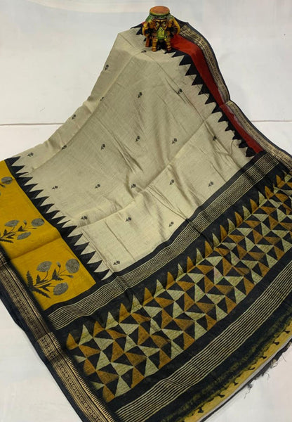 Malai Cotton Saree-Mustard in Triangle Border
