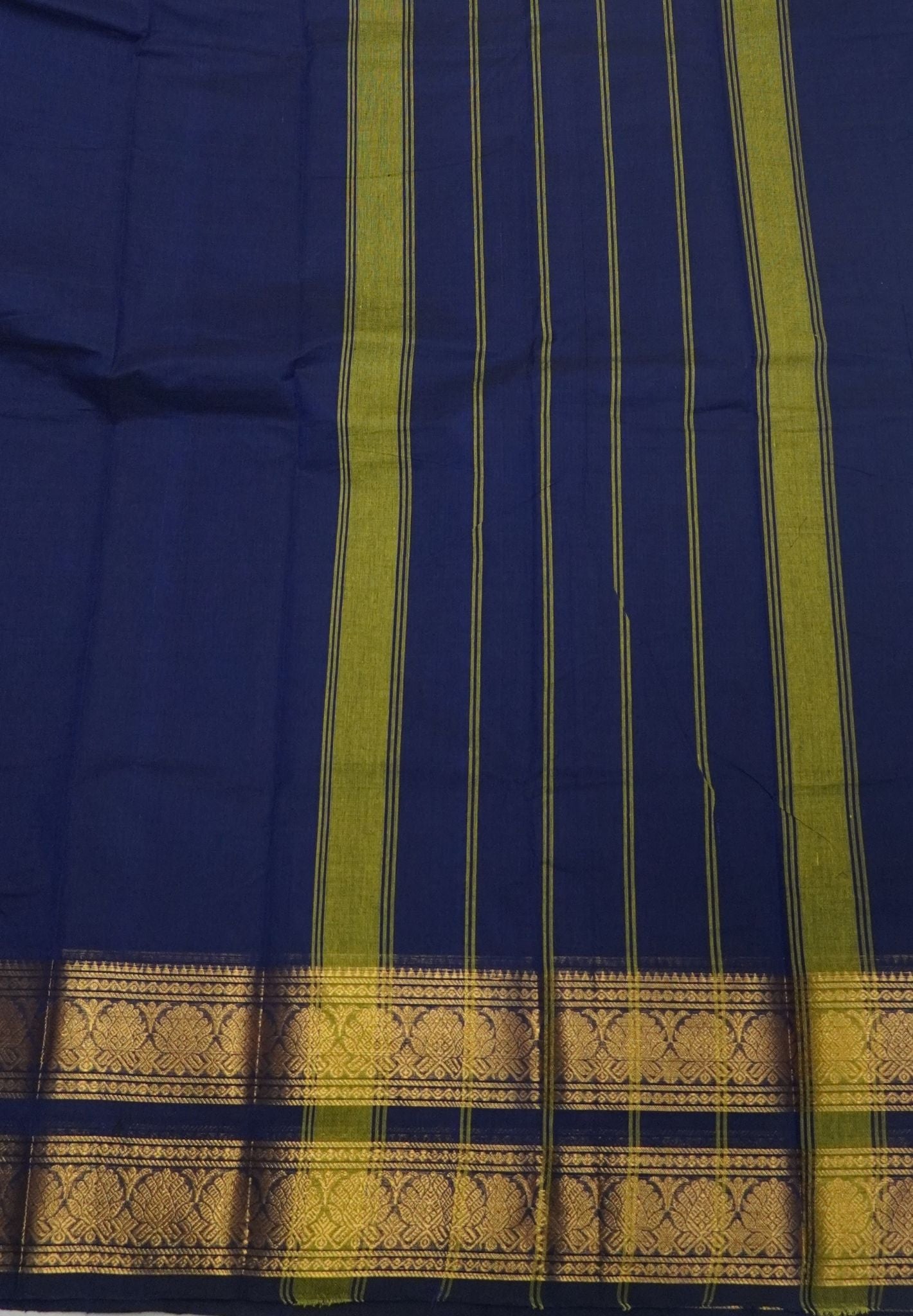 Chettinadu Cotton Saree-Navy Blue with Floral Zari Border