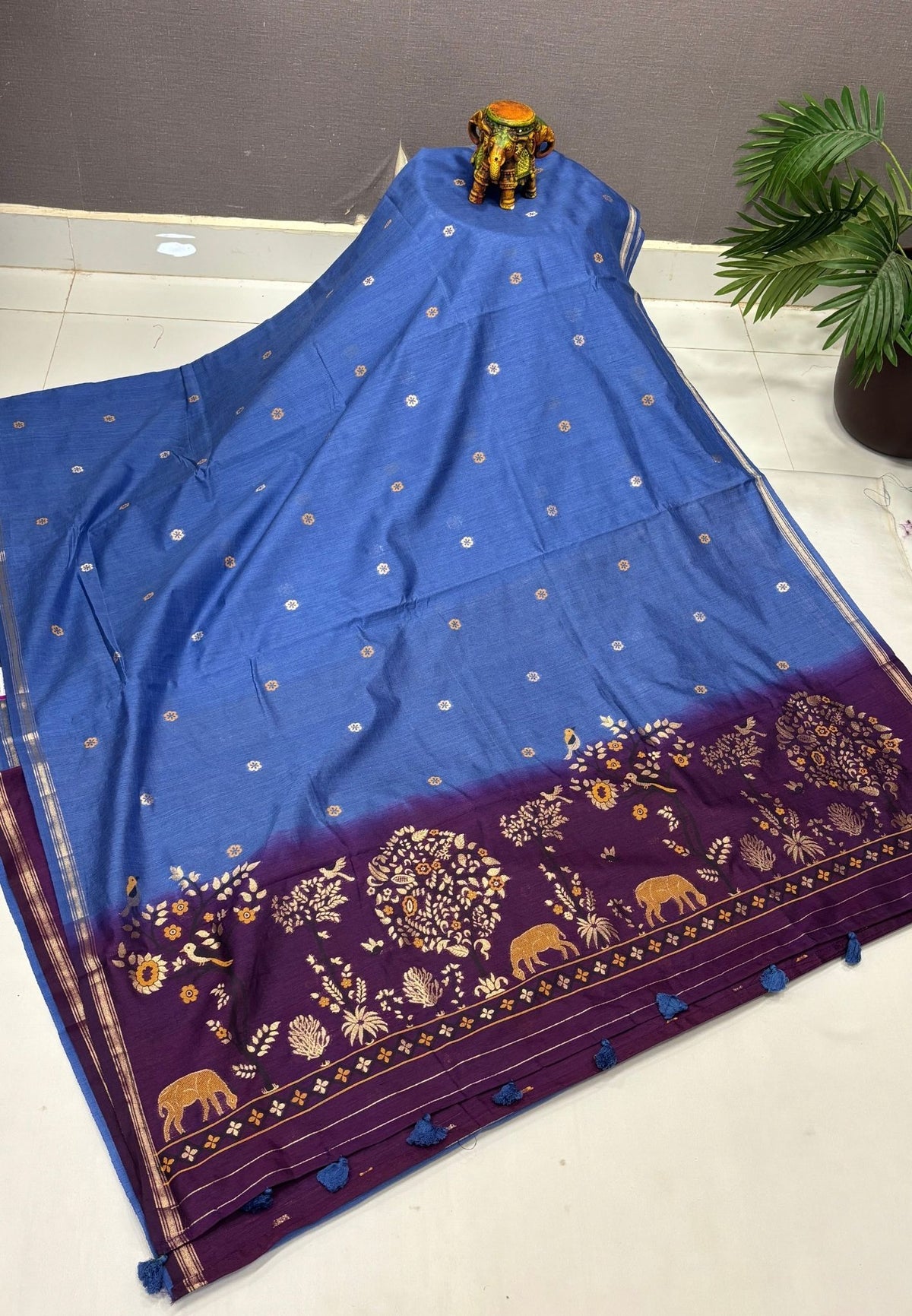 Gaji Silk Saree-Blue In Warli Tree & Elephant With Contrast Border
