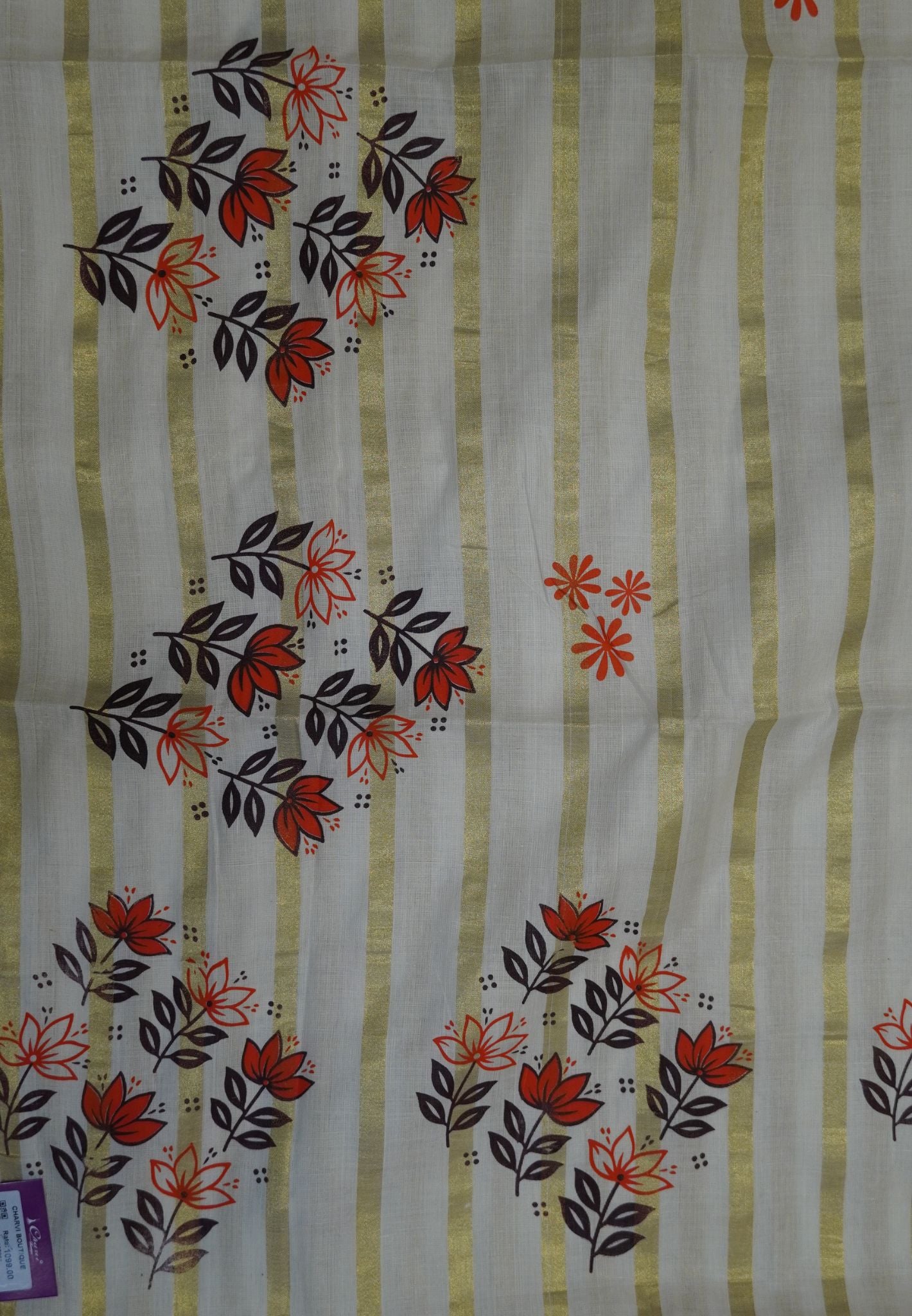 Cotton Saree – Off White with Golden Zari Stripes and Floral Print