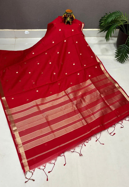 Semi Maheswari Saree-Red In Multi-Stripe Zari Border