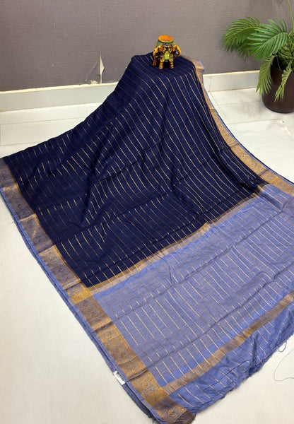 Semi Raw Silk Saree-Navy Blue in Zari Lines with Contrast Annam Border