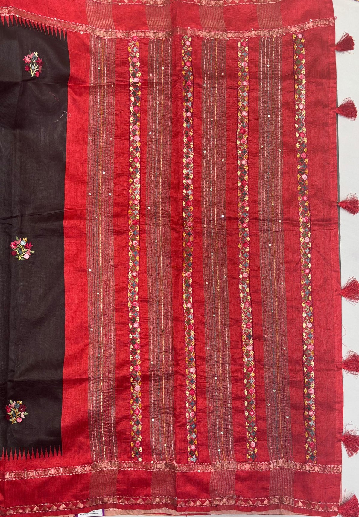 Jute Tussar Saree-Black with Embriodery Floral Motif