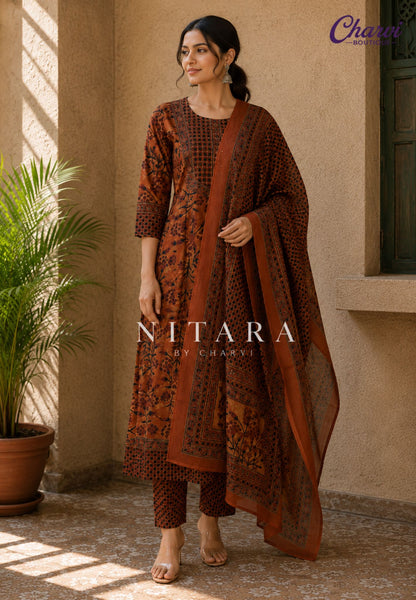 3 Pcs Rust Floral Printed Kurti Set
