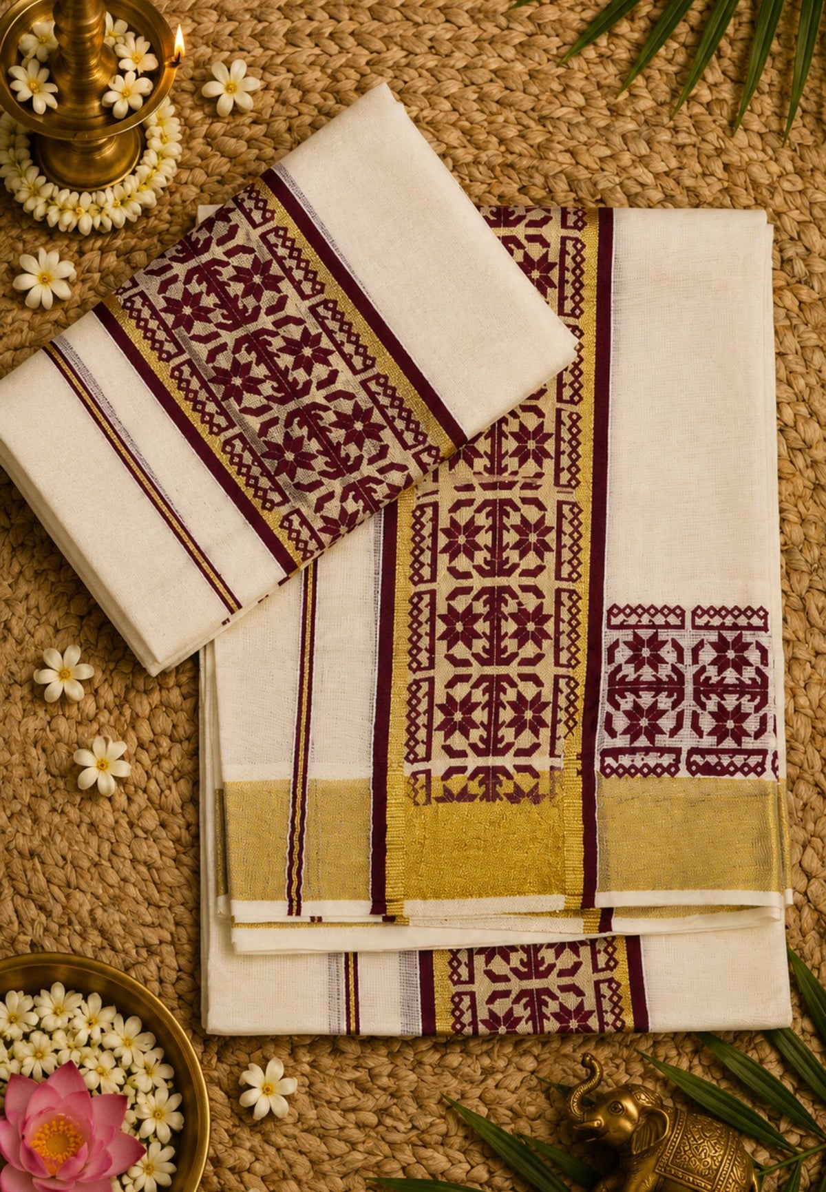 Cotton Set Mund-Off White-Maroon with Geometric Woven Border