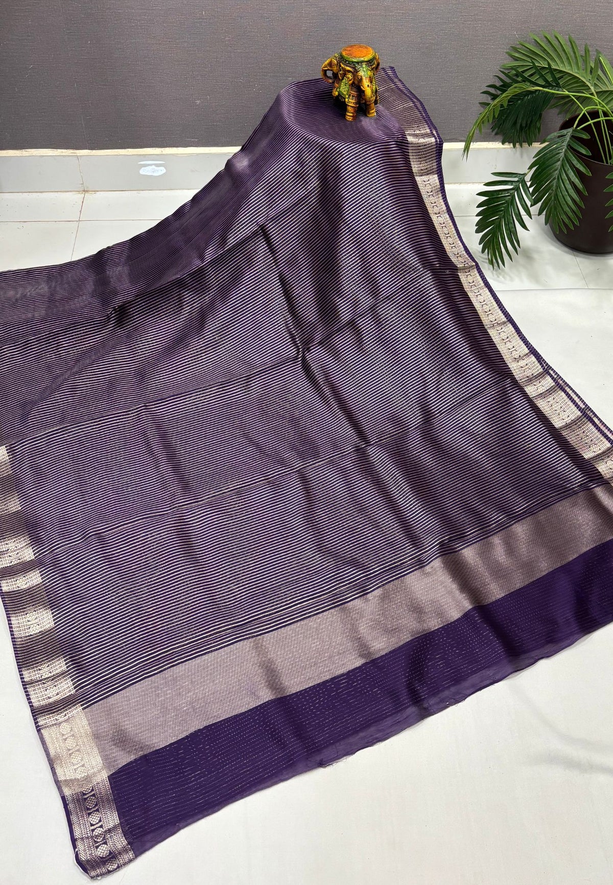 Chanderi Saree-Violet in Fine Stripe Zari Border