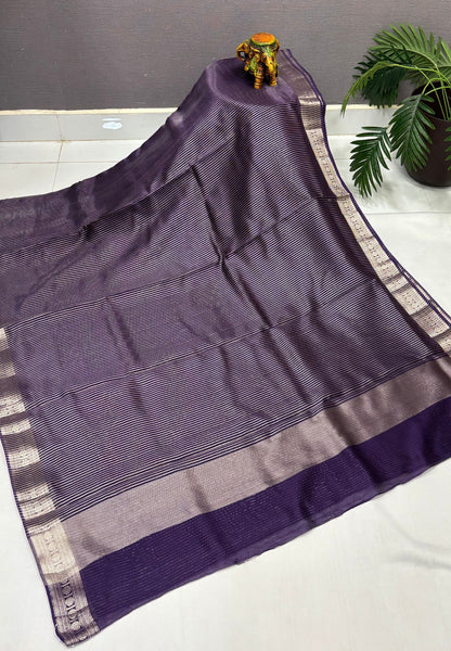 Chanderi Saree-Violet in Fine Stripe Zari Border