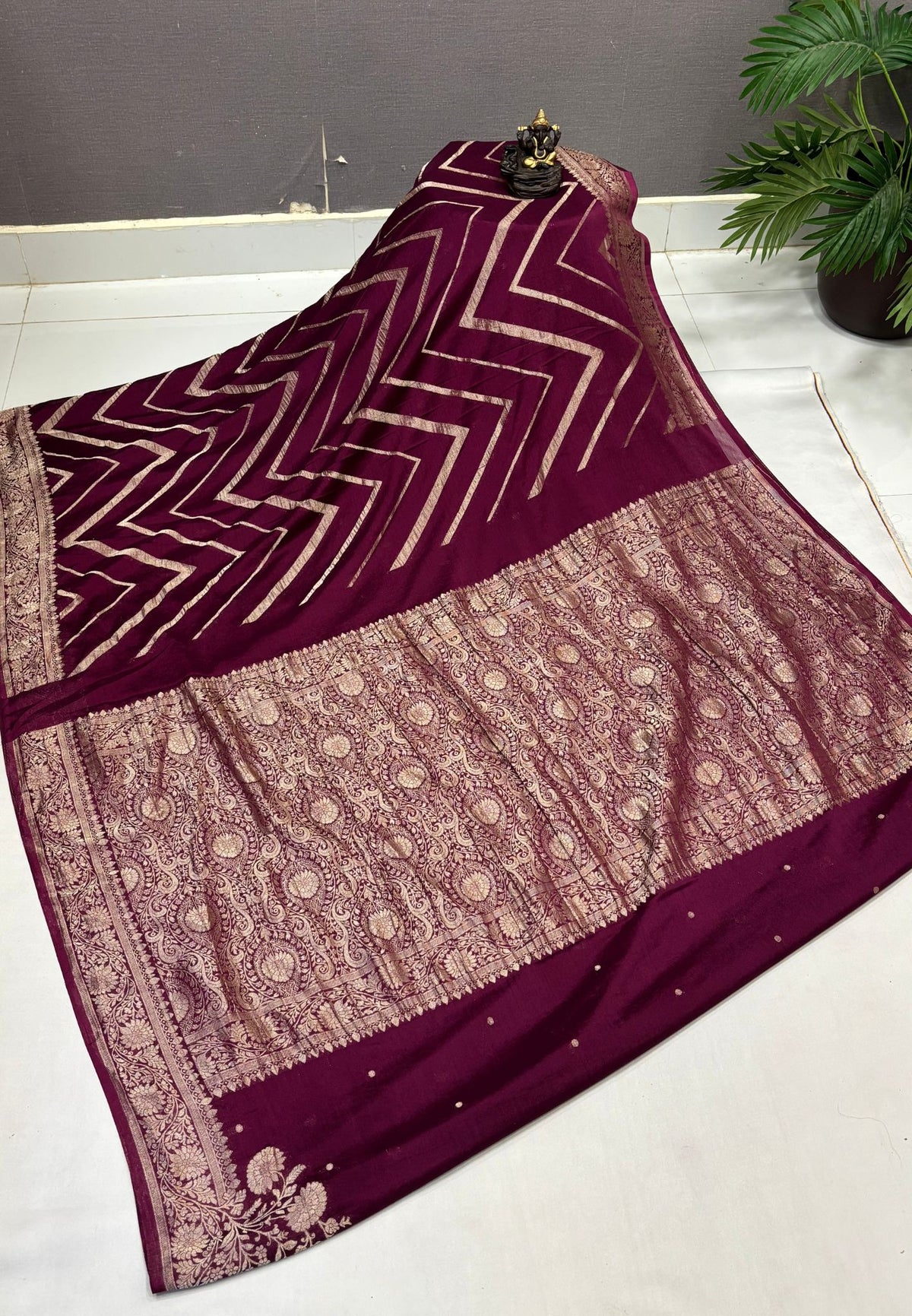 Chinon Silk Saree-Wine with Antique Floral Border