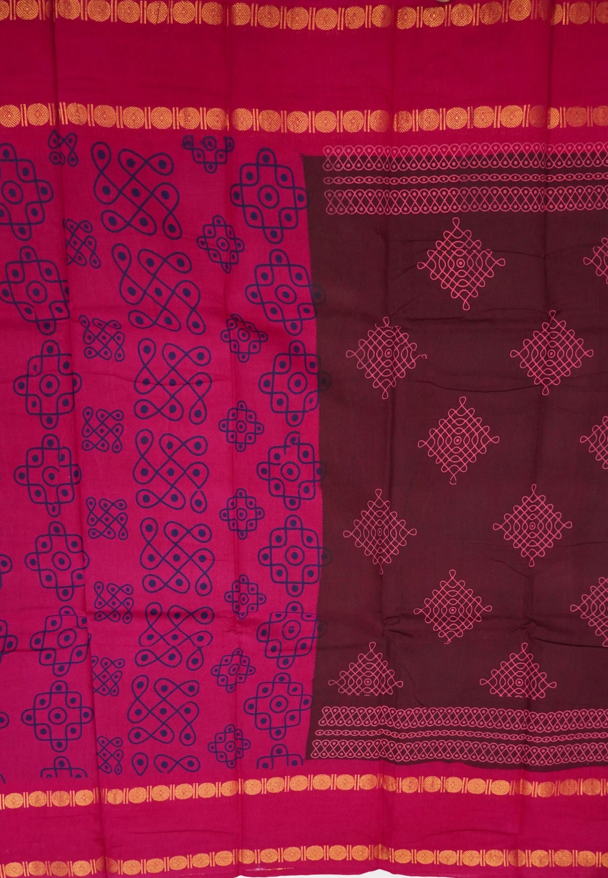 Sungudi Cotton Saree-Arakku with Contrast Retapet Border in Kolam Pattern