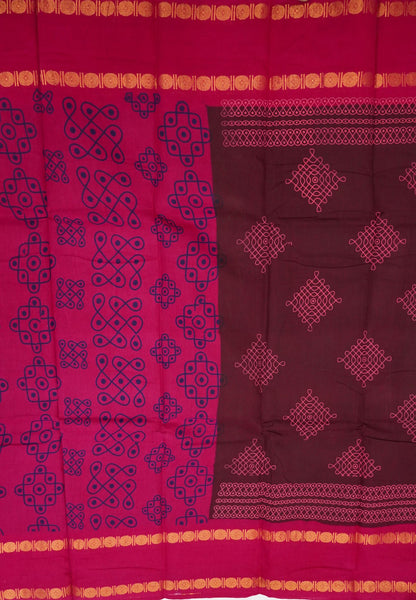 Sungudi Cotton Saree-Arakku with Contrast Retapet Border in Kolam Pattern