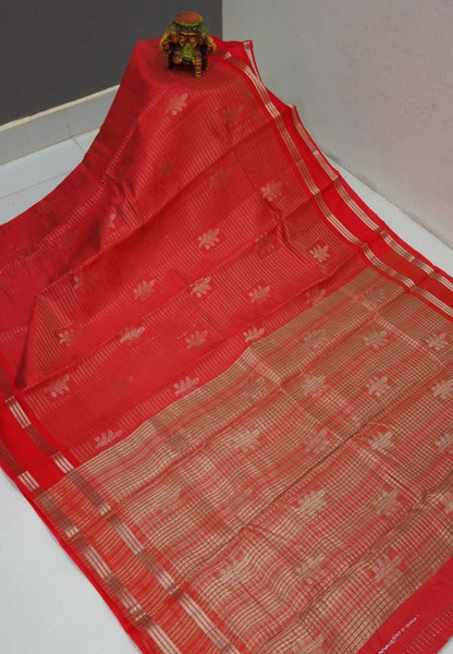 Semi Tussar Saree-Redish Pink in RainDrop Zari with Retapet Border