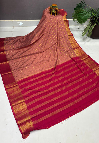 Viscose Saree-Light Brown in Checked Zari Pattern Border