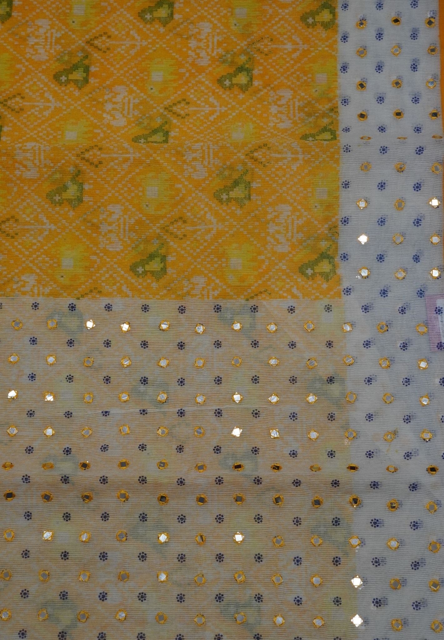 Supernet Kota Cotton Saree-Yellow with Mirror Work