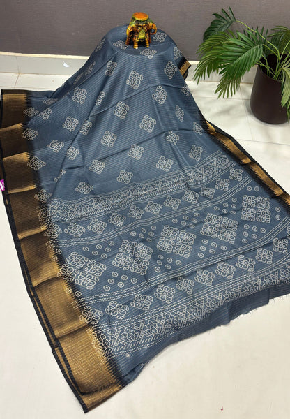 Semi Dola Silk Saree-Greyish In Floral Dotwork Border