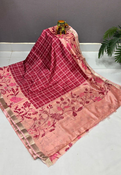 Soft Tussar Saree-Pink In Floral Vine Border