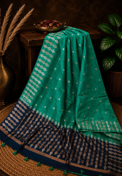 Semi  Tussar Saree - Teal Green