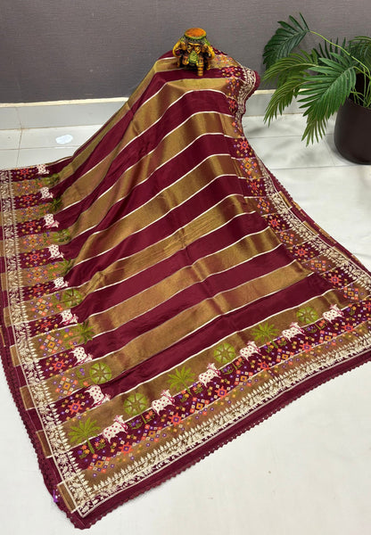 Satin Crepe Saree-Maroon In Komatha Floral Border