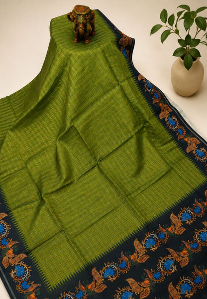 Premium Matka Tussar Saree-Green with Contrast Border in Tanjore Print