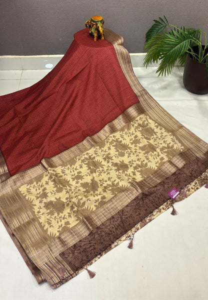 Muslin Tussar Saree-Maroon In Floral Vine Border