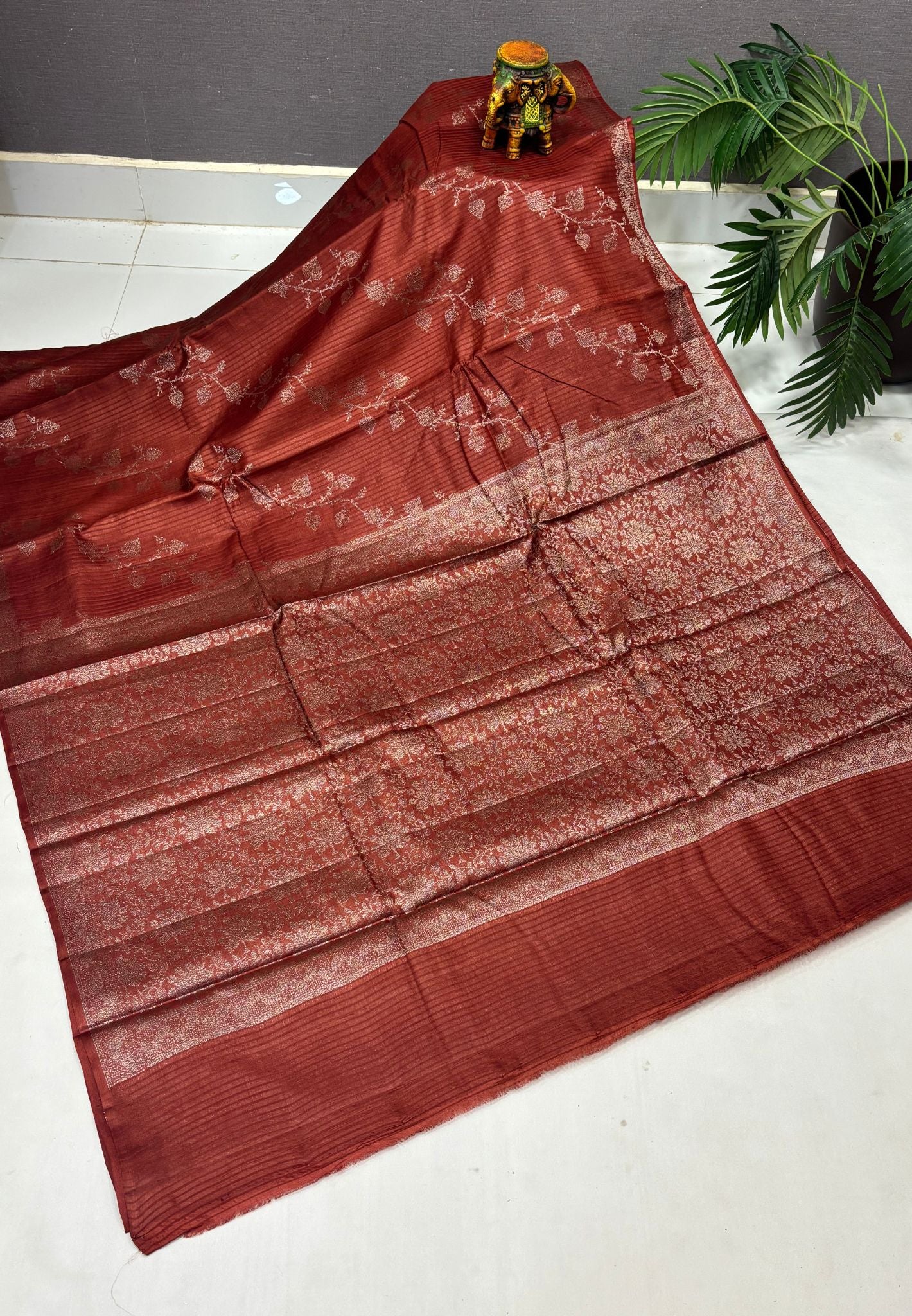 Pure Tussar Saree-Rust Orange in Floral Vine Brocade Border