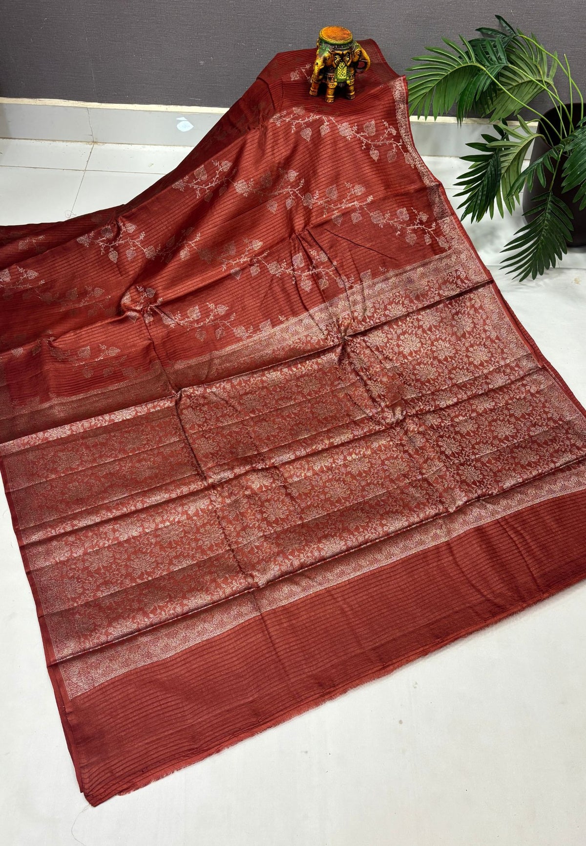 Pure Tussar Saree-Rust Orange in Floral Vine Brocade Border