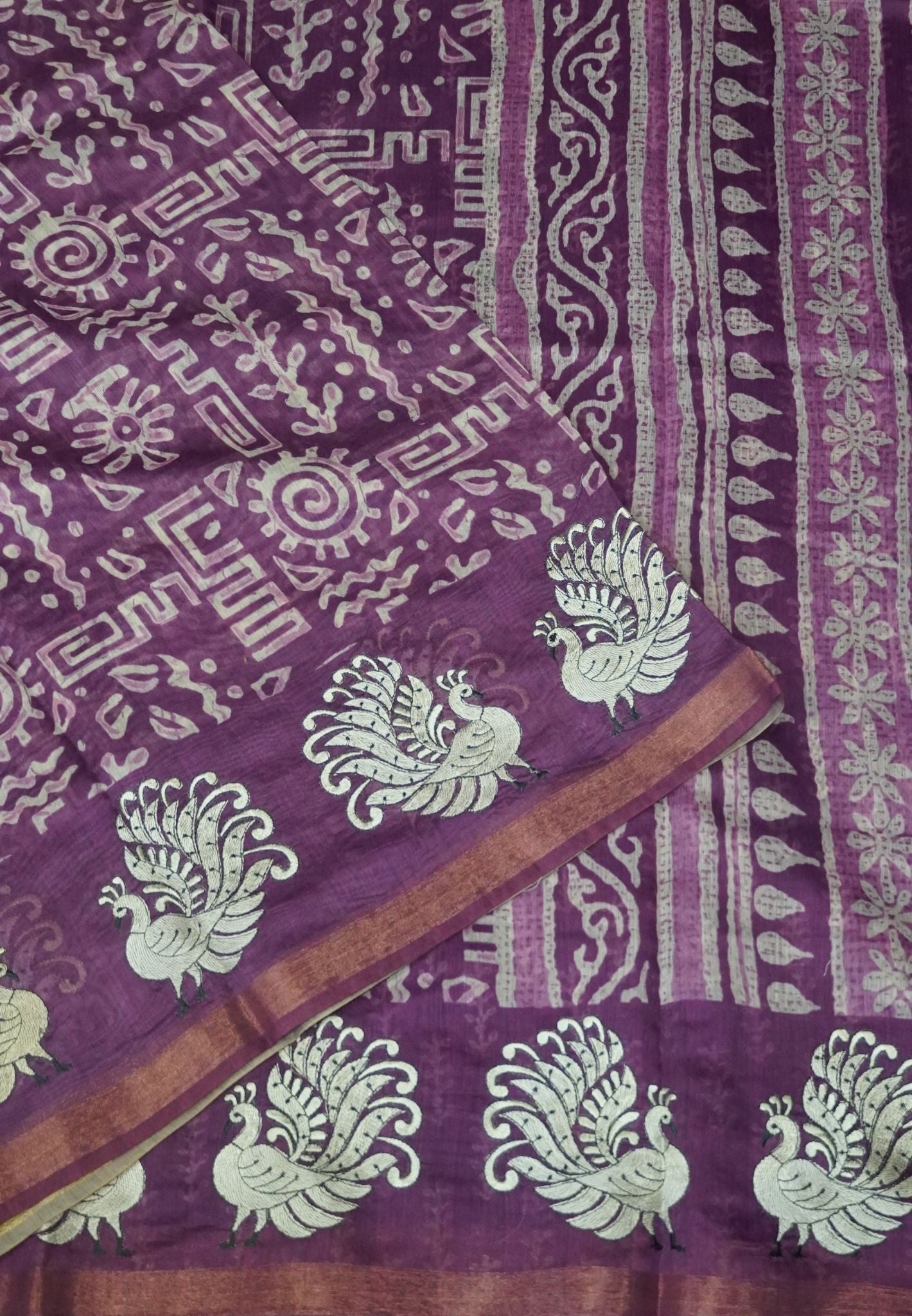 Semi Chanderi Saree-Purple with Peacock Embroidery