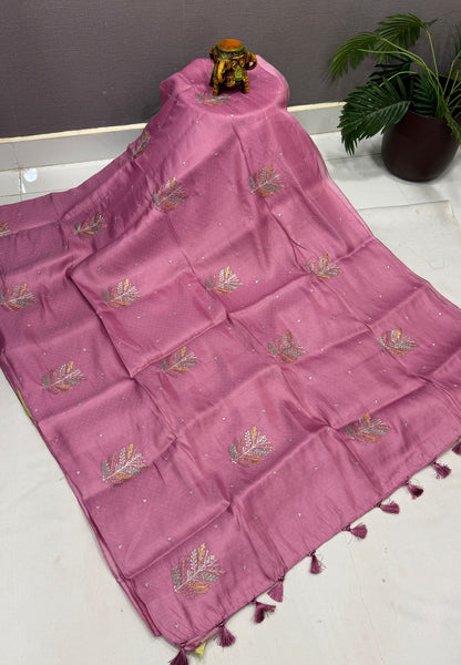 Blueberry Silk Saree-Purple in Leaf Butta Embroidery Border